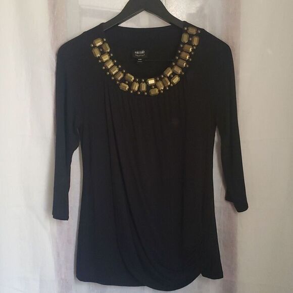 Nicole Miller Tops - Nicole Miller Shirt Top Size M Black 3/4 Sleeve Layered Front Gold Embellishment